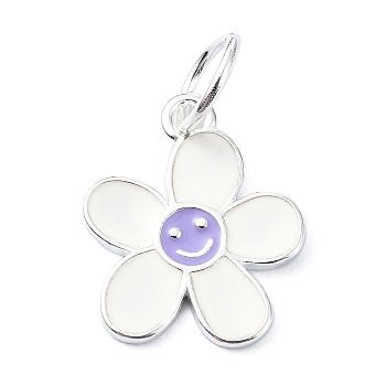 925 Sterling Silver Enamel Smiling Face Flower Charms, with Jump Rings & 925 Stamp, Silver Color Plated, Lilac, 14.5x12x1mm, Hole: 4mm