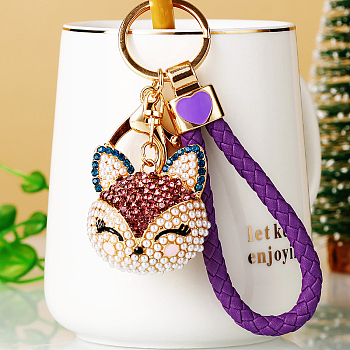 Full Rhinestone Pearl Fox Head Pendant Keychain, with Zinc Alloy Findings and Polyester Cord, for Women's Bag Pendant Decorations, Purple, 100mm
