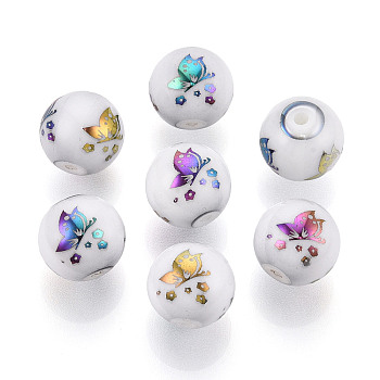 Electroplate Glass Beads, Round with Butterfly Pattern, Multi-color Plated, 10mm, Hole: 1.2mm