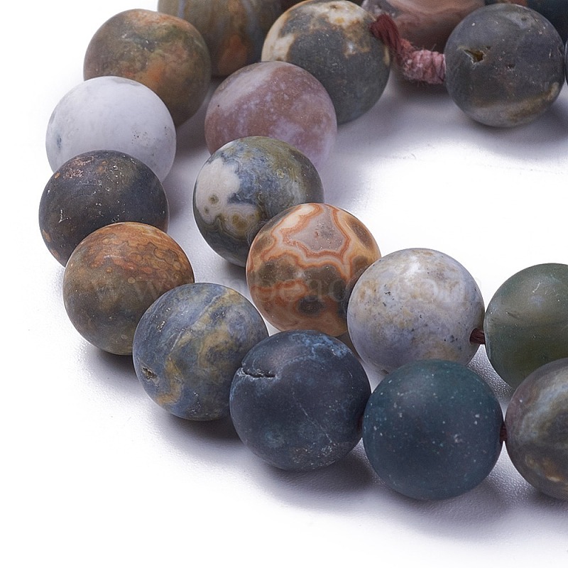 Natural Ocean Agate/Ocean Jasper Beads Strands, Frosted, Round, 10mm