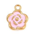 304 Stainless Steel Pendants, with Enamel, Flower Charms, Pink, 12.5x10.5x6mm, Hole: 1.5mm(STAS-D264-04A-G)