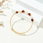 Copper French Wire & Round Natural Amber & Cultured Freshwater Pearl Cuff Bangle for Women, Real 18K Gold Plated, Inner Diameter: 2.13 inch(5.4cm)(BJEW-JB13990)
