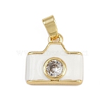 Brass Micro Pave Clear Cubic Zirconia Charms, Camera, with Enamel, Cadmium Free & Lead Free, Long-Lasting Plated, Real 18K Gold Plated, White, 14.5x15x4mm, Hole: 2.5x4.5mm(KK-D409-07G)