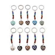 Natural & Synthetic Gemstone Heart Keychain, with Chakra Gemstone Bead and Platinum Tone Rack Plating Brass Findings, 10.5cm(G-Z033-11P)