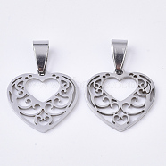 201 Stainless Steel Pendants, Filigree Pendants, with Random Size Snap on Bails, Heart, Stainless Steel Color, 19x20x1.5mm, Hole: 8~10x3~5mmmm(STAS-N089-05P)