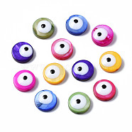 Natural Freshwater Shell Beads, with Enamel, Dyed, Flat Round with Evil Eye, Mixed Color, 8x3mm, Hole: 0.6mm(SHEL-S278-002)