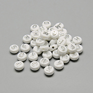 Plating Acrylic Beads, Silver Metal Enlaced, Horizontal Hole, Mixed Letters, Flat Round, Silver, 9.5~10x6mm, Hole: 2mm, about 153pcs/50g(X-SACR-S297-10)