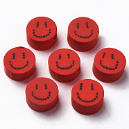 Handmade Polymer Clay Beads, for DIY Jewelry Crafts Supplies, Flat Round with Smiling Face, FireBrick, 9x4~5mm, Hole: 1.6mm(CLAY-N008-031D)