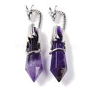 Natural Amethyst Faceted Pointed Bullet Big Pendants, Rack Plating Brass Dragon Charms, Lead Free & Cadmium Free, Platinum, 73.5~78.5x15.5~16.5x15.5~16.5mm, Hole: 4x2.5mm(G-L524-19P-14)