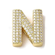 Brass Beads, with Clear Cubic Zirconia, Letter N, 20x16.5x5.5mm, Hole: 4.5x2.5mm(KK-D098-04N-G)