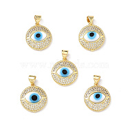 Real 18K Gold Plated Brass Clear Cubic Zirconia Pendants, Flat Round with Lampwork Evil Eye Charms, Lead Free & Cadmium free, White, 19x16.5x5mm, Hole: 4mm(ZIRC-L102-12G-09)