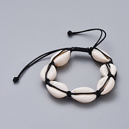 Natural Cowrie Shell Braided Beads Bracelets, with Korean Waxed Polyester Cord, Black, 2-1/4 inch~3-3/4 inch(5.8~9.5cm)(X-BJEW-JB05057-01)