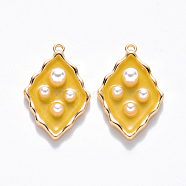 Brass Enamel Pendants, with ABS Plastic Imitation Pearl, Nickel Free, Rhombus, Real 18K Gold Plated, Yellow, 20x12.5x4mm, Hole: 1mm(KK-T049-055G-05-NF)