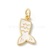 Rack Plating Brass Enamel Pendants, with Jump Ring, Long-Lasting Plated, Cadmium Free & Lead Free, Fish Tail Charm, Real 18K Gold Plated, White, 19x9x2mm, Hole: 3mm(KK-Z056-48G-03)