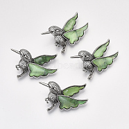 Shell Brooches/Pendants, with Resin Bottom and Alloy Findings, Bird, Antique Silver, Dark Sea Green, 31~32x53.5x12~12.5mm, hole: 6x3mm, Pin: 0.7mm(RESI-S376-19B)