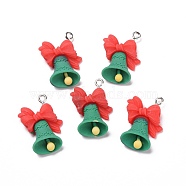 Christmas Opaque Resin Pendants, with Platinum Tone Iron Loops, Bell Shape, Green, 26x17x7mm, Hole: 2mm(RESI-G028-03P)