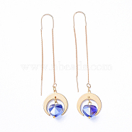 Brass Ear Threads, with Brass Pendants, Glass Beads, Heart with Moon, Blue, 84mm, Pin: 0.7mm(EJEW-JE04143-02)