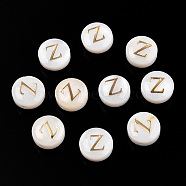Natural Freshwater Shell Beads, with Golden Plated Brass Etched Metal Embellishments, Flat Round with Letter, Letter Z, 7.5~8x4~5mm, Hole: 0.8mm(SHEL-N036-01Z)