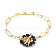 Brass Paperclip Chain Bracelets, with Natural Black Agate Beads and 304 Stainless Steel Toggle Clasps, Real 18K Gold Plated, 7-1/4 inch(18.5cm)(BJEW-JB05180-05)