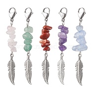 Natural Gemstone Chip Pendant Decorations, with 304 Stainless Steel Lobster Claw Clasps and Alloy Feather, Antique Silver & Platinum, 61~63mm, 5pcs/set(HJEW-JM01874-S)