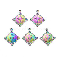 201 Stainless Steel Pendants, Flat Round with Star, Rainbow Color, 17.5x15x2.5mm, Hole: 1.4mm(STAS-S119-035)