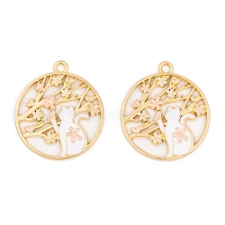 Rack Plating Alloy Enamel Pendants, Golden, Flat Round with Cat & Flower Charm, Misty Rose, 28x25x1.5mm, Hole: 2mm(FIND-A040-07A-03G)