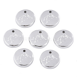 Non-Tarnish 316 Surgical Stainless Steel Charms, Flat Round with Constellation, Stainless Steel Color, Aquarius, 10x2mm, Hole: 1mm(STAS-S116-418F-P)