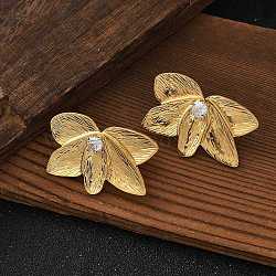 304 Stainless Steel Pave Clear Cubic Zirconia Stud Earrings for Women, Flower, Left and Right, Real 18K Gold Plated, 35x22.5mm(STAS-Z112-02G)