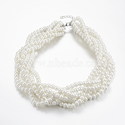 Round Glass Pearl Multi-Strand Necklace, White, 19.4 inch(49.5cm)(X-NJEW-K077-09C)