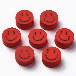 Handmade Polymer Clay Beads, for DIY Jewelry Crafts Supplies, Flat Round with Smiling Face, FireBrick, 9x4~5mm, Hole: 1.6mm(CLAY-N008-031D)