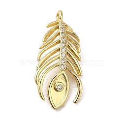 Rack Plating Brass Micro Pave Cubic Zirconia Pendants, Cadmium Free & Lead Free, Feather, Real 18K Gold Plated, 26x12x4.5mm, Hole: 1.4mm(KK-Q795-08G)