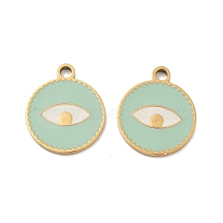 Ion Plating(IP) 316 Surgical Stainless Steel Pendants, Nickel Free, with Enamel, Real 18K Gold Plated, Flat Round with Eye Pattern, Medium Aquamarine, 18x15x1.5mm, Hole: 2mm(STAS-U014-60G-03)