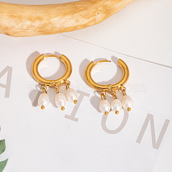 Fashionable 304 Stainless Steel Rice Chandelier Earrings, with Imitation Pearl, Real 18K Gold Plated, 12.1x3.1mm(HF3347-1)