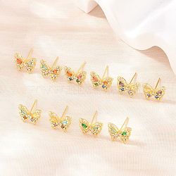 Brass Micro Pave Cubic Zirconia Stud Earrings for Women, Butterfly, Cadmium Free & Lead Free, Long-Lasting Plated, Rack Plating, Real 18K Gold Plated, Mixed Color, 10.5x13mm(KK-A305-09G)