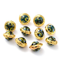 Handmade Lampwork Beads, with Golden Color Edge Brass, Round, Dark Green, 16.5~17x15.5~16x12~13.5mm, Hole: 1mm(LAMP-B002-01G-A)