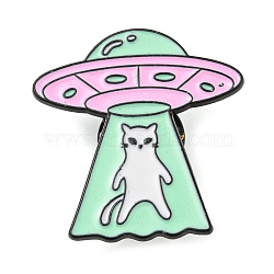 Spacecraft wit Cat Alloy Enamel Pin Broochs, Cadmium Free & Lead Free, Aquamarine, 28.5x27.5x1.5mm(AJEW-Z023-06EB)