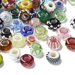 Handmade Lampwork European Beads, Large Hole Beads, Flat Round, Mixed Color, 13~17.5x6.5~11mm, Hole: 5.5~7mm(X-LAMP-P068-05)