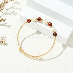 Copper French Wire & Round Natural Amber & Cultured Freshwater Pearl Cuff Bangle for Women, Real 18K Gold Plated, Inner Diameter: 2.13 inch(5.4cm)(BJEW-JB13990)