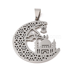 Non-Tarnish 201 Stainless Steel Pendants, Hollow, Crescent Moon and Mosque Islamic Charm, Stainless Steel Color, 38x34x1.5mm, Hole: 8x5mm(STAS-S126-06P)