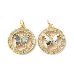 Brass Micro Pave Clear Cubic Zirconia Pendants, with Shell and Jump Ring, Real 18K Gold Plated, Butterfly, 20.5x17.5x3.5mm, Hole: 3mm(KK-B083-37D-G)