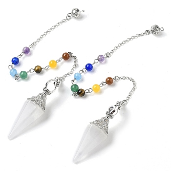 Natural Quartz Crystal Hexagonal Pointed Dowsing Pendulums, with Chakra Mixed Stone and Alloy Findings, Cone/Spike, Platinum, 266mm, Hole: 1.6mm