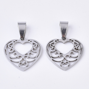201 Stainless Steel Pendants, Filigree Pendants, with Random Size Snap on Bails, Heart, Stainless Steel Color, 19x20x1.5mm, Hole: 8~10x3~5mmmm