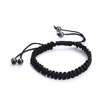 Adjustable Nylon Cord Braided Bracelets, with Non-Magnetic Synthetic Hematite Beads, Black, 2-1/8 inch~3-3/8 inch(5.3~8.4cm)