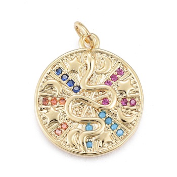 Brass Micro Pave Cubic Zirconia Pendants, with Jump Ring, Flat Round with Snake, Real 18K Gold Plated, Colorful, 20x18x2mm, Hole: 3.5mm, Jump Ring: 5x0.9mm