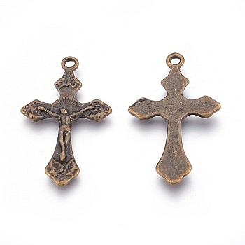 Tibetan Style Crucifix Pendants, Lead Free & Cadmium Free & Nickel Free, Antique Bronze Color, 33.5x20.5x2.5mm, hole: 2mm