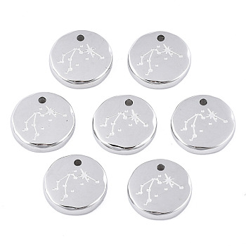 316 Surgical Stainless Steel Charms, Flat Round with Constellation, Stainless Steel Color, Aquarius, 10x2mm, Hole: 1mm