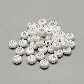 Plating Acrylic Beads, Silver Metal Enlaced, Horizontal Hole, Mixed Letters, Flat Round, Silver, 9.5~10x6mm, Hole: 2mm, about 153pcs/50g