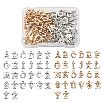 2 Sets 2 Colors Alloy Rhinestone Charms, Alphabet, Letter A~Z, Crystal, Mixed Color, 12.5~13.5x5.5~12x2.5mm, Hole: 1.4mm, 26pcs/set, 1set/color