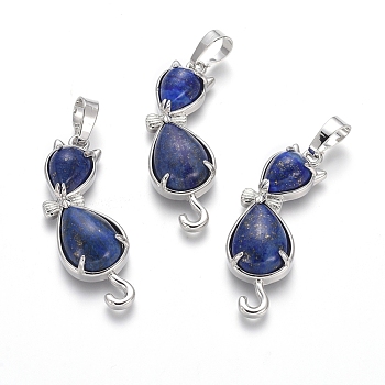 Natural Lapis Lazuli Kitten Pendants, with Platinum Tone Brass Findings, Cat with Bowknot Shape, 35.5x12x6mm, Hole: 5x7mm