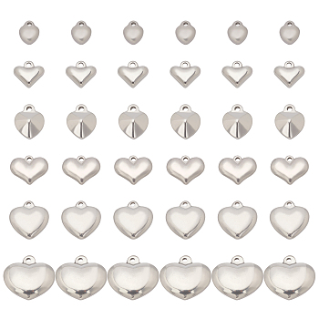 Unicraftale 36Pcs 6 Style 304 Stainless Steel Pendants, Heart, Stainless Steel Color, 10~18.5x8~20.5x3~5.5mm, Hole: 1.6~1.8mm, 6pcs/style